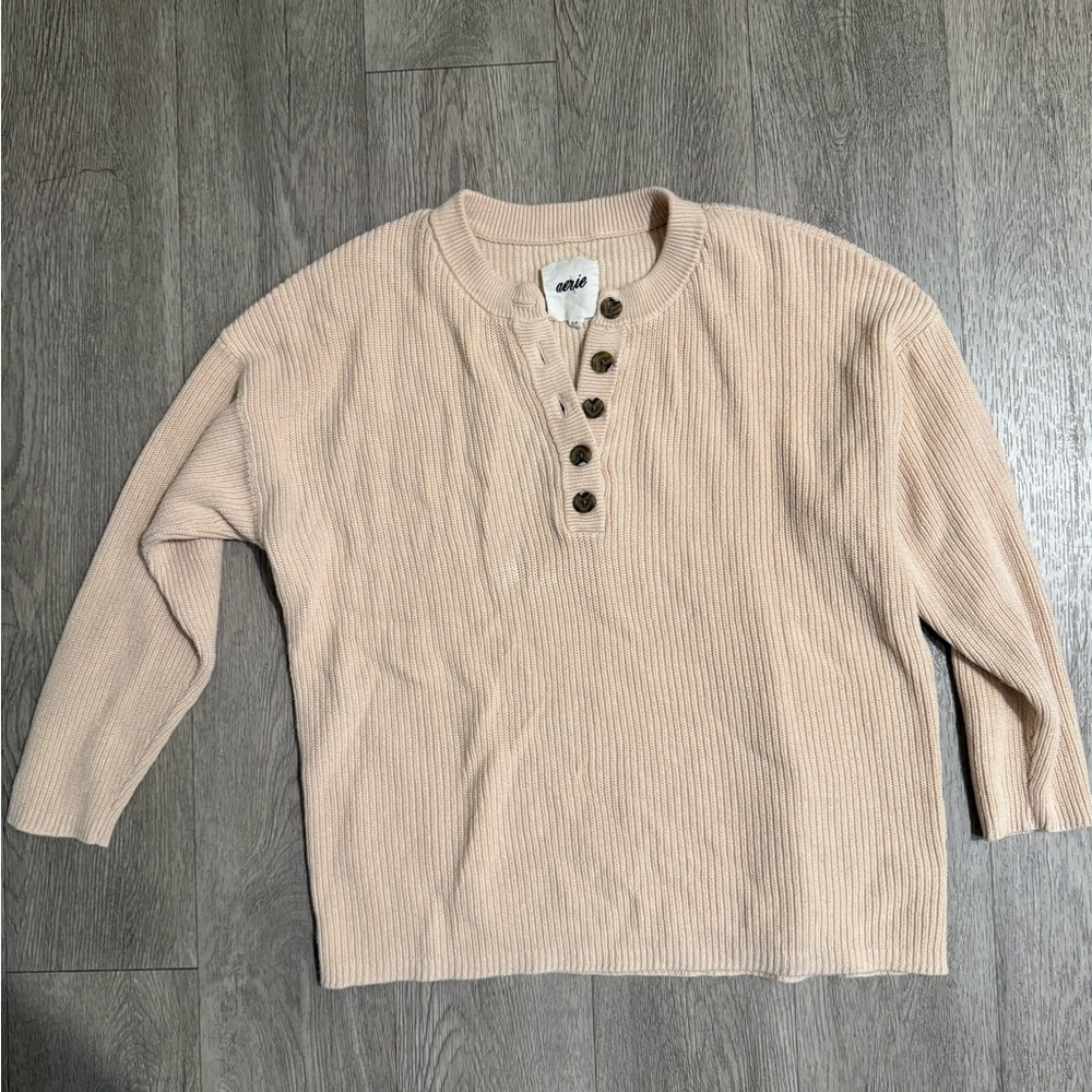 Aerie Cream Ribbed Cardigan with Button Accents 3/4 sleeves